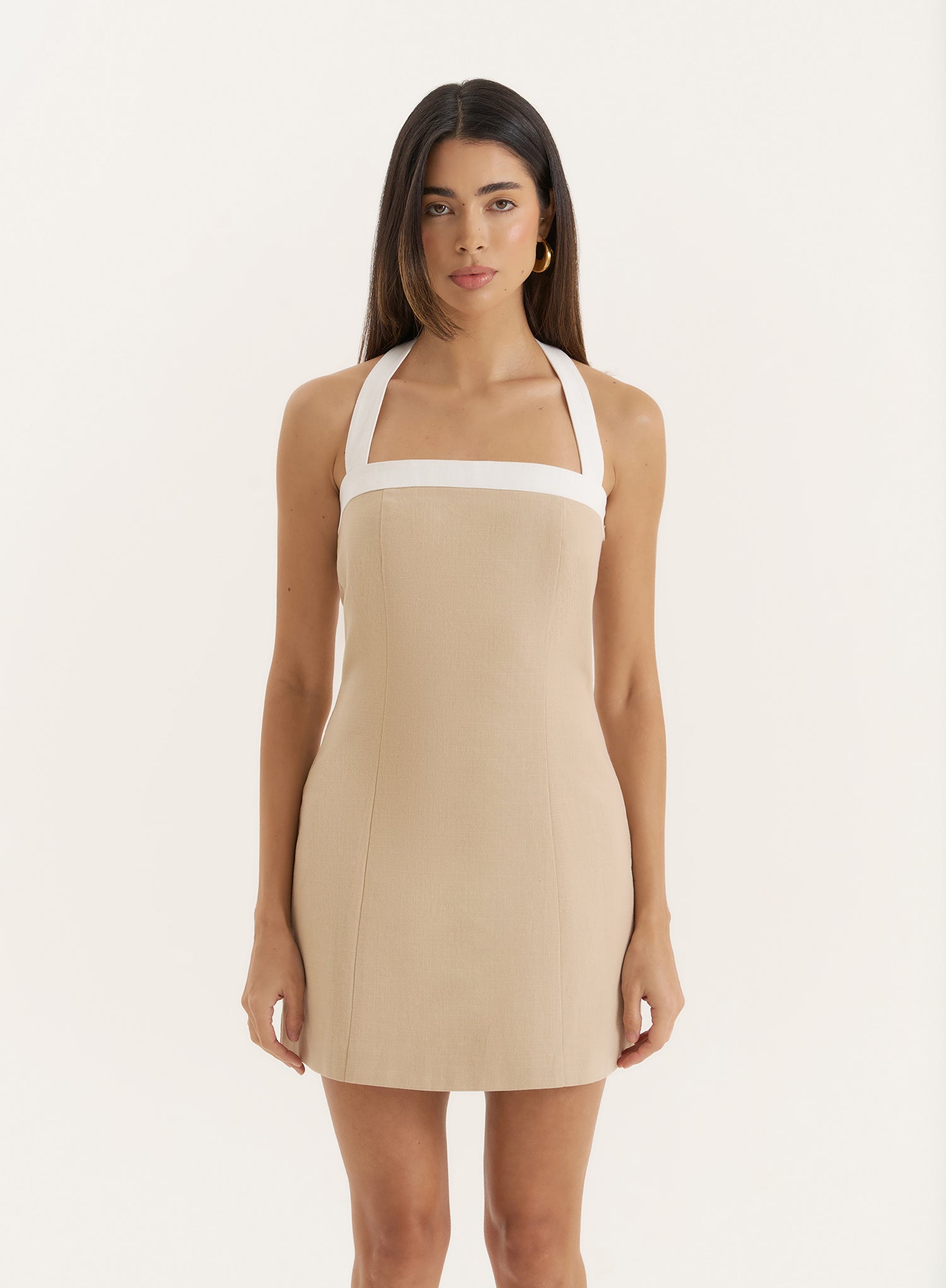 Beige Contrast Trim Mini Dress